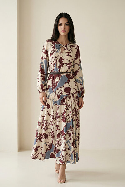 Setre Bordo-Mavi Boyun Ve Bel Detaylı Kemerli Desenli Midi Boy Elbise