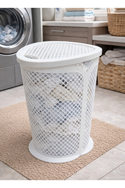 ALQANNAS Oval Laundry Basket with Lid | White Large Capacity Plastic Clothes ...