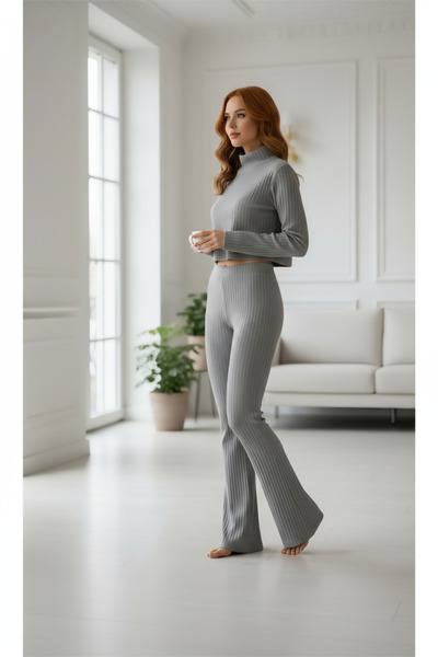 R ROCKBLACK Kadın Fitilli Eşofman Takımı – Gri Boğazlı Crop Üst & İspanyol Pa...