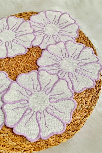 Mora Tekstil Set of 6 Floral Embroidered Presentation Napkins – Linen Fabric ...