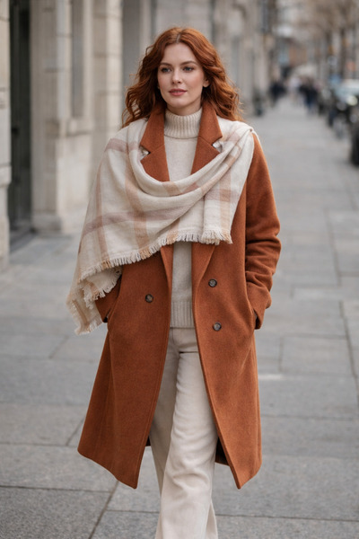KRAFTELLA Cream Plaid Patterned Wool Shoulder Shawl |   Soft Textured Winter ...