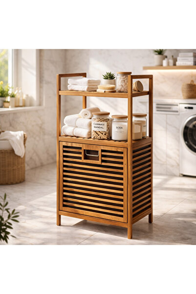Amentes Bambu Dikey Çamaşır Sepeti Raflı Çamaşır Sepeti 40x30x95 Cm