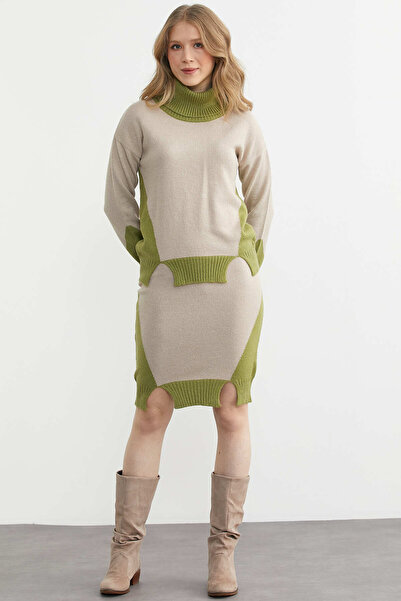 Sementa Full Fisherman Sweater Skirt Knitwear Set - Green-Dark Beige