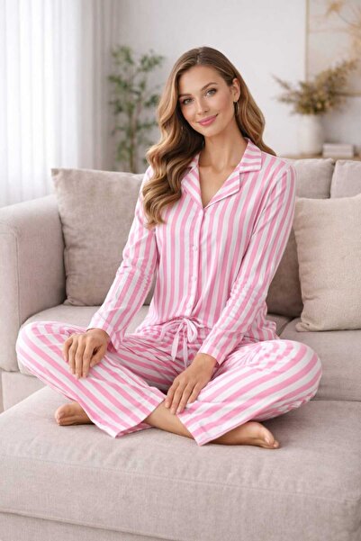 VAKİATR Striped Front Buttoned Long Sleeved Women's Pajama Set Vakia.Tr
