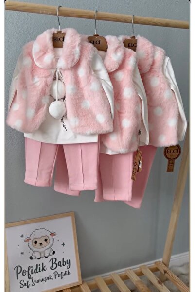 Baby Kız Bebek Peluşlu Kışlık Şardonlu 3'lü Takım Pembe Bayramlık