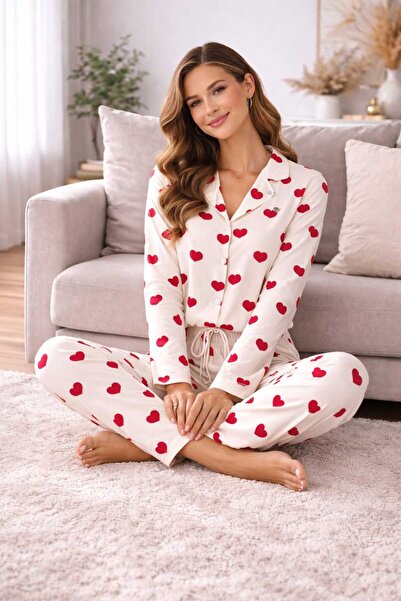 VAKİATR Heart Patterned Front Buttoned Long Sleeved Women's Pajama Set Vakia.Tr