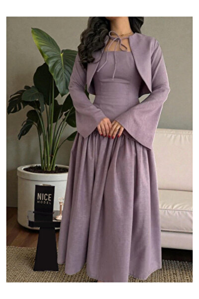 Nice Model طقم فستان وجاكيت من كتان الأرجواني، بأكمام طويلة، بتصميم ماكسي محت...