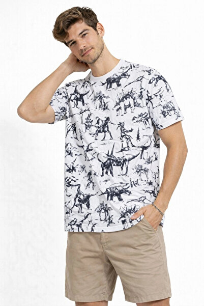 Alfanora Women's White Dinosaur Patterned T-Shirt – Regular Fit, Crew Neck, D...