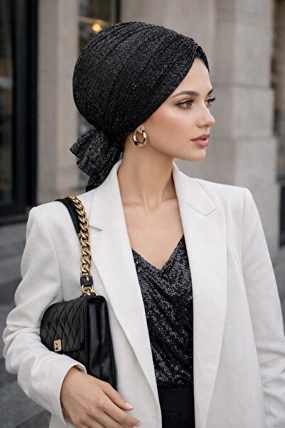 Aişe tesettür Siyah Gümüş Piliseli Abiye Tokalı Bone