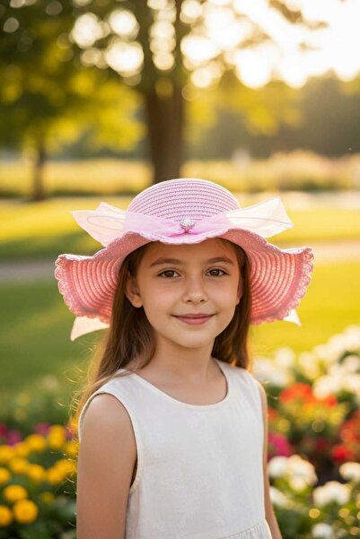 Aware Time Kitti 6-10 Yaş Kız Çocuk Hasır Aksesuarlı Fötr Şapka