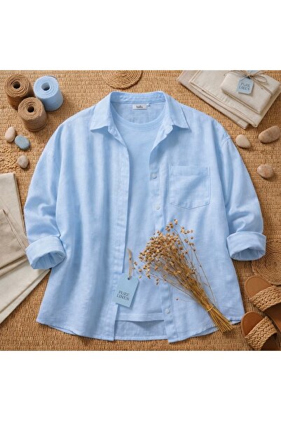fatma keskin linna butik Oversize Keten Dokulu Cepsiz Salaş Gömlek Bebe MAVİ