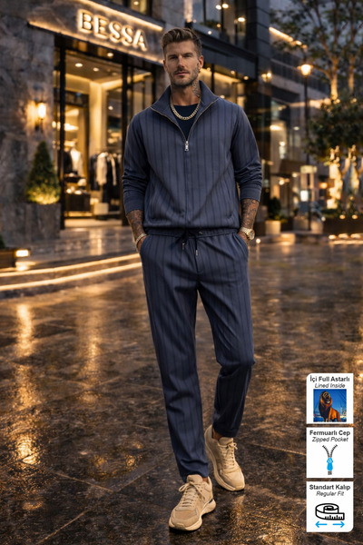 BESSA Füme Dik Yaka Eşofman Takımı Çizgili Kumaş Astarlı Düz Paça Fermuarlı C...