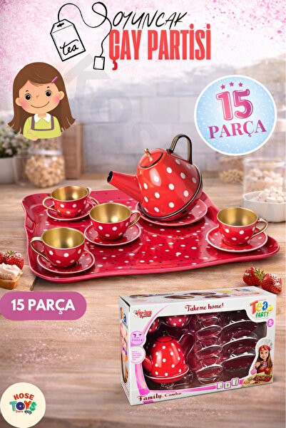 kosetoys Kız çocuk Çay partisi seti metal kırmızı  puantiyeli 15 parça set
