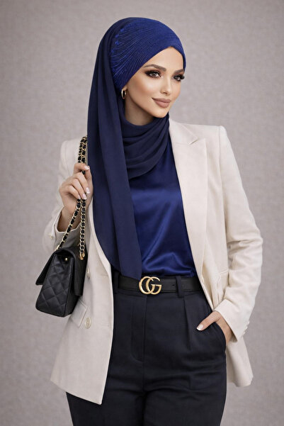 Aişe tesettür Lacivert Detaylı Hazır Abiye Şal
