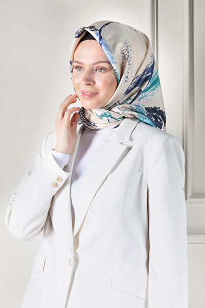 Vissona %100 Twill İpek Suluboya Çiçek Desenli Krem - İndigo Renkli 90x90 Eşa...