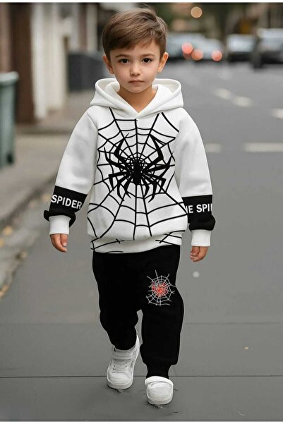 MİNİK MODA EVİ Erkek Çocuk Siyah Beyaz Örümcek Desenli Eşofman Takımı – Sweat...