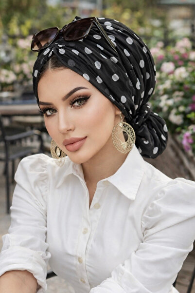 Aişe tesettür أسود أبيض نقطة نمط مشبك بونيه
