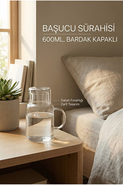 ERKUGO Borosilikat Cam Başucu Sürahi ve Bardak – 2'si 1 Arada Kapaklı Tasarım...