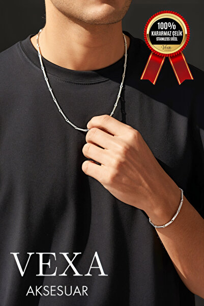 Vexa Aksesuar İthal Kibrit Bambu Küp Model Çelik Kolye & Bileklik Set – Karar...