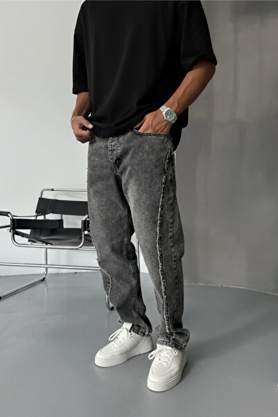 Wonraces Pantaloni de blugi gri pentru bărbați, cu design special spălat