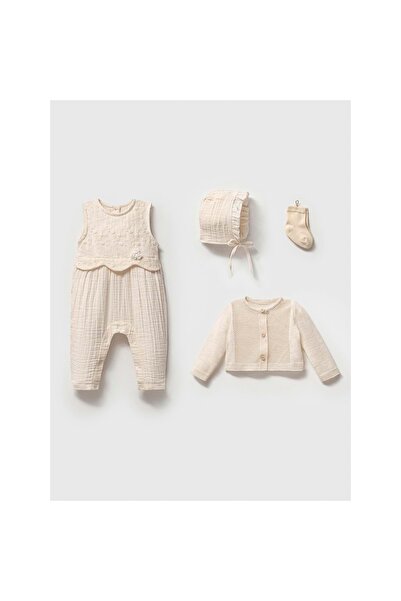 NoyNoy Baby Muslin Outfit for Baby Girl, Set of Four, Boxed, Ecru