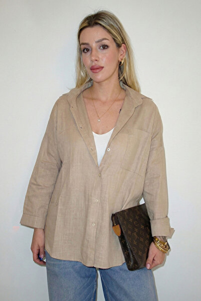 ECOTİQUE Kadın Keten Gömlek %100 Pamuk Salaş Keten Cepli Uzun Kollu Bej Gömlek