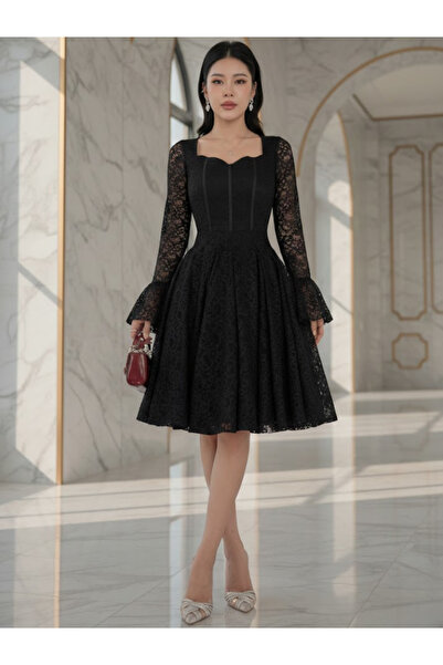 ILAN Elegant Black Lace Midi Evening Dress Women Long Sleeves Sweetheart Neck...