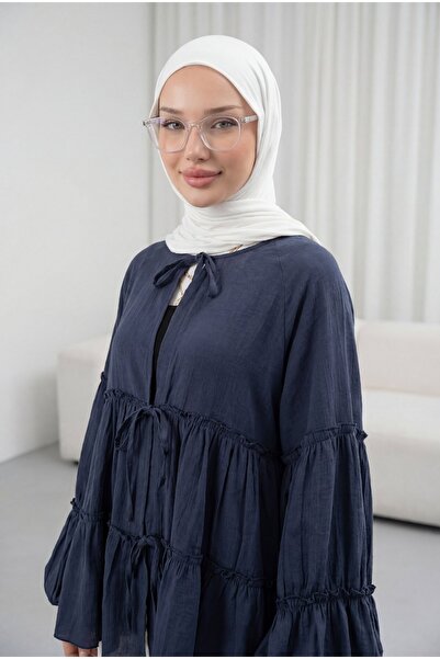 Modamorfo Layered Modal Shirt with Elastic Sleeves and Tie Front - Navy