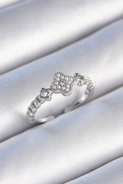 Skygo Brass Silver Color Pearl Clover Model Zircon Stone Detailed Women's Rin...