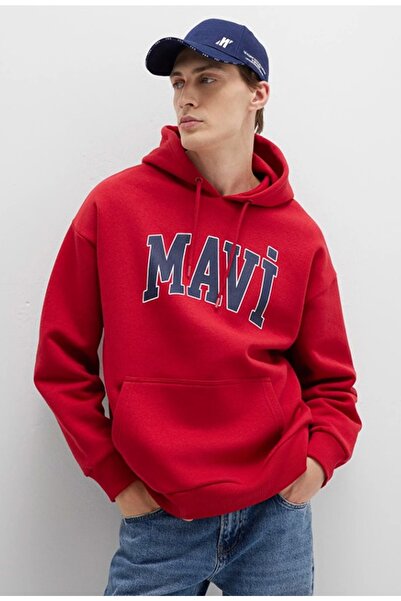 Mavi 067149 Logo Printed Men's Hooded Sweatshirt Red