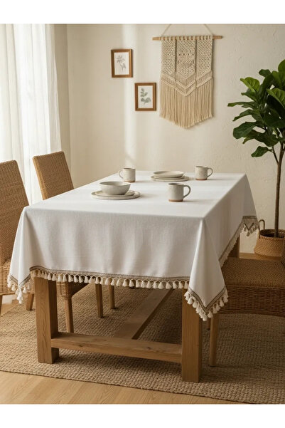 NDC HOME مفرش المائدة القطني الأبيض المخطط بوم بوم