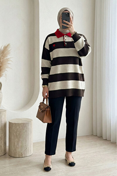 Modamorfo Shirt Collar Buttoned Heart Embroidered Knitwear Tunic -K. Coffee