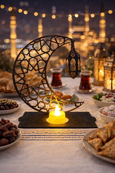 etxShop Ramazan Süsü Çift Yön Siyah Işıklı Dekoratif Masa Üstü Mumluk Fener L...