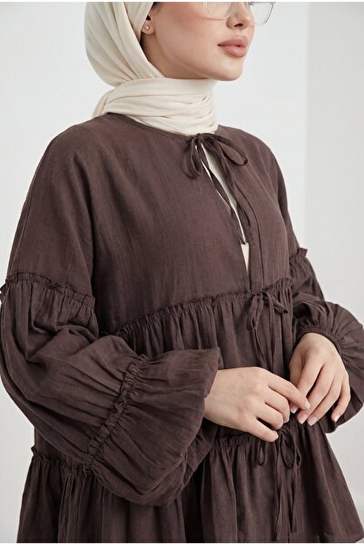 Modamorfo Layered Modal Shirt with Elastic Sleeves and Tie Front - Brown