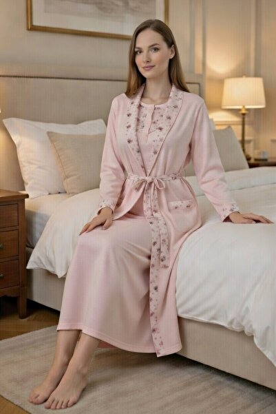 big mama طقم روب نوم وقميص نوم نسائي مقاس كبير - قطن ممشط بنقشة زهور - مقاسات...