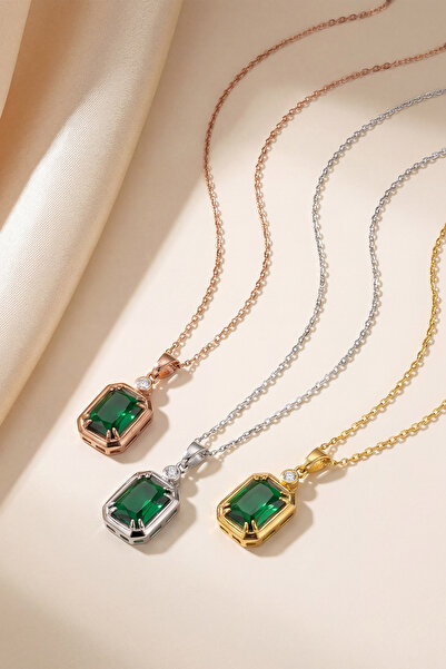 eva'sjewellery diamond Doğal Pırlantalı 925 Gerçek Gümüş Zümrüt Kolye, Kadınl...