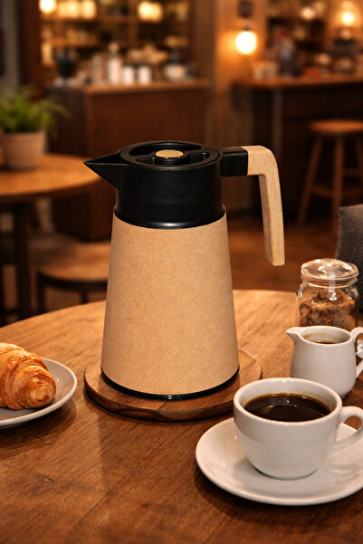 WDA 1.0L Insulated Coffee Pot - Thermal Carafe with Wood Handle & Cork Finish