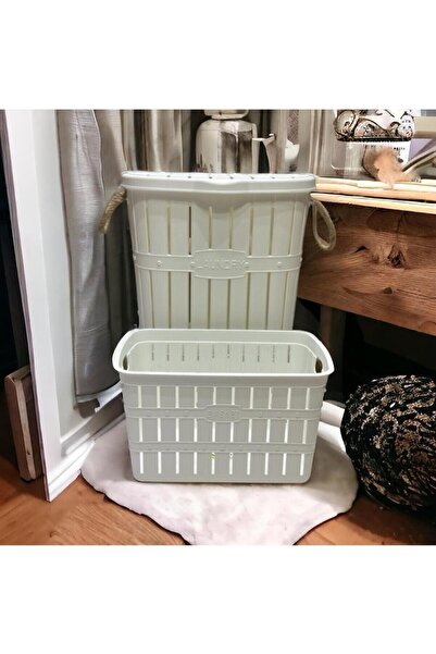 Citim Beyaz Bambu Halatlı Kirli Çamaşır Sepeti ve Selesi Seti
