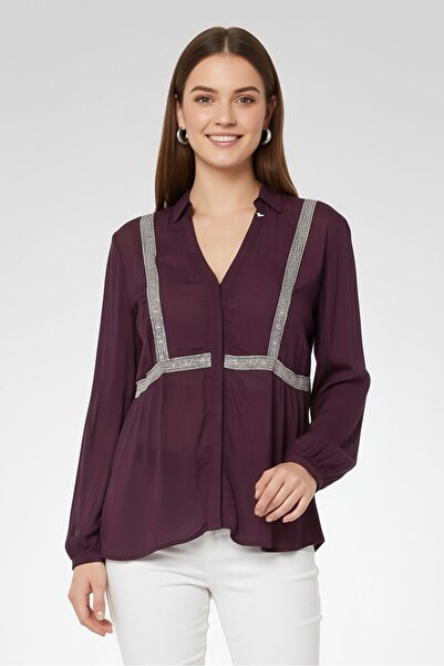 Harmont & Blaine Women Split Neck Embroidered Long Sleeve Blouse, Deep Purple
