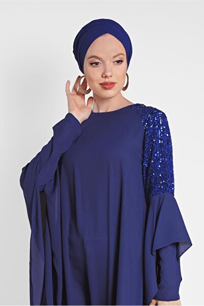 TRENDTESETTÜR KADIN LACİVERT OMUZ KISMI PUL İŞLEMELİ ŞİFON TUNİK 4254