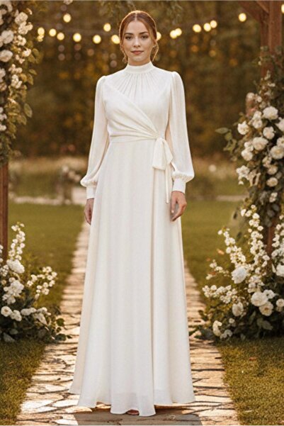 TRENDTESETTÜR KADIN BEJ BAĞLAMA DETAYLI ABİYE ELBİSE T 5163