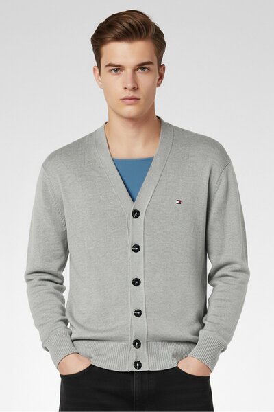 Tommy Hilfiger كارديجان رجالي مطرز بشعار وفتحة رقبة على شكل حرف V، رمادي