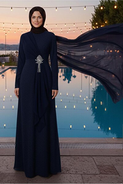 TRENDTESETTÜR KADIN LACİVERT TAŞ DETAYLI ABİYE ELBİSE T 0753