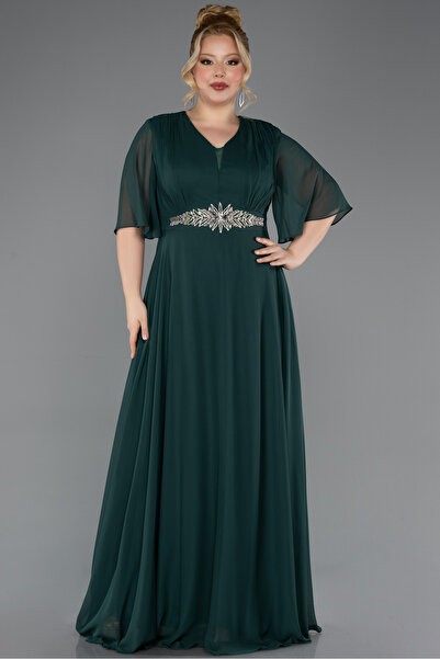 Abiyefon Zümrüt Yeşili Kısa Kol V Yaka Beli Taşlı Uzun Şifon Büyük Beden Abiy...