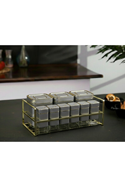 Evren 9 Parça Kare Vakum Kapaklı Cam Baharatlık Seti ve Metal Stant, Baharat ...