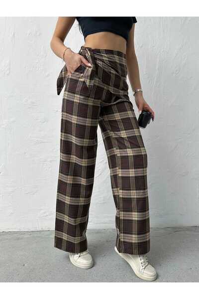 VESS MODA Fular Detaylı BK Model Ekose Pantolon