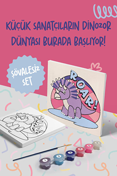 Mind & Play Dinozor Roar Temalı Çocuk Tuval Boyama Seti | Tuval + 6 Renk Akri...