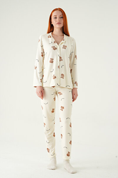 Rays 3421 Set de pijamale cu nasturi cu model ursuleț, crem