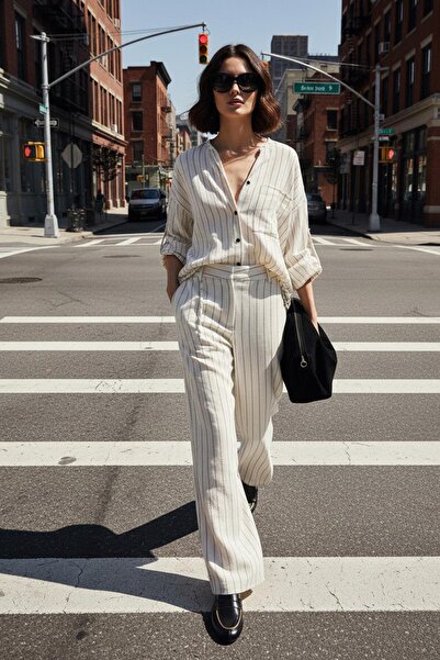 SHERIN Λινό ριγέ ανάμεικτο παντελόνι