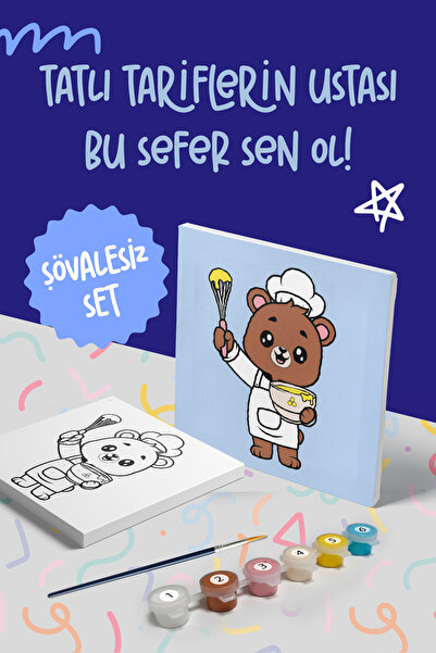 Mind & Play Şef Ayı Temalı Çocuk Tuval Boyama Seti | Tuval + 6 Renk Akrilik B...